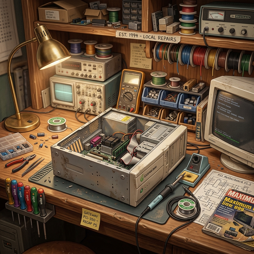 Cozy vintage computer workbench with repair tools and an open beige retro desktop PC