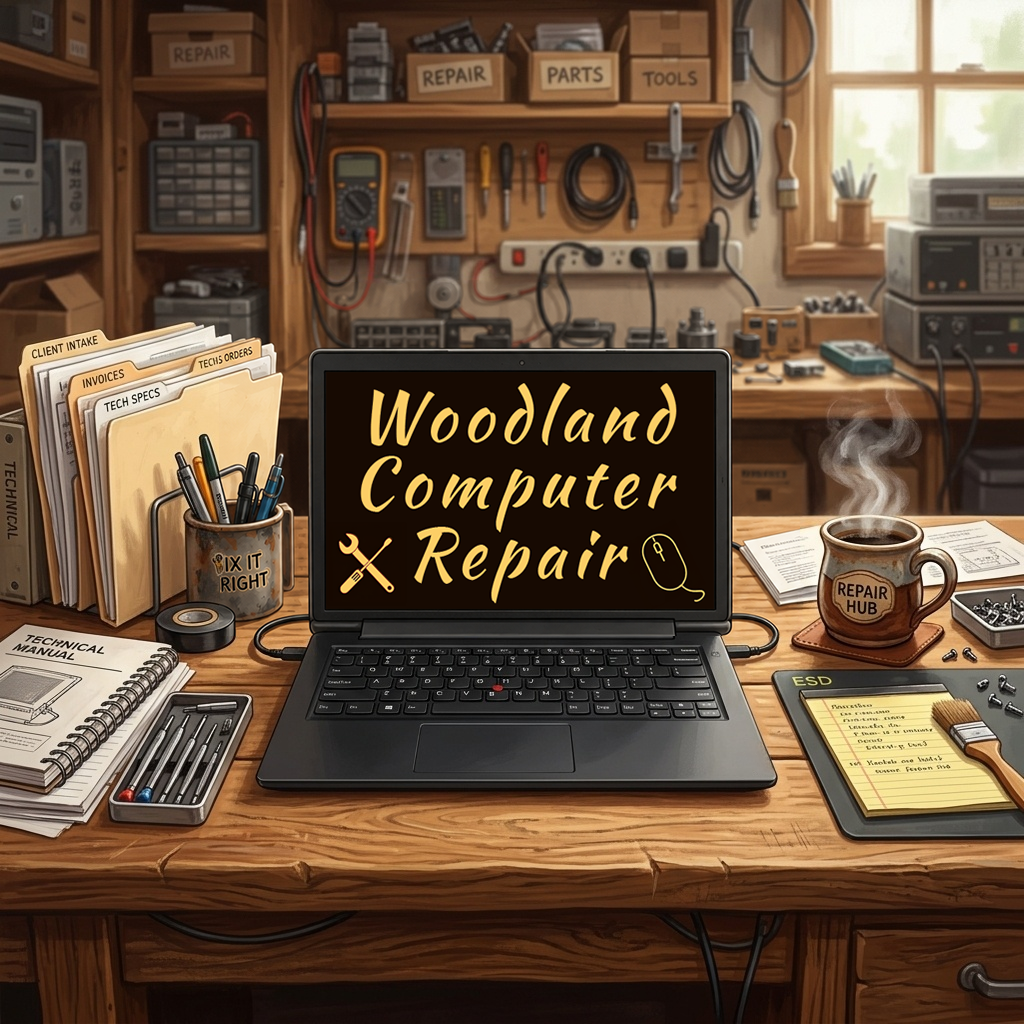 Rustic wood desk with coffee and a black laptop displaying Woodland Computer Repair on the screen