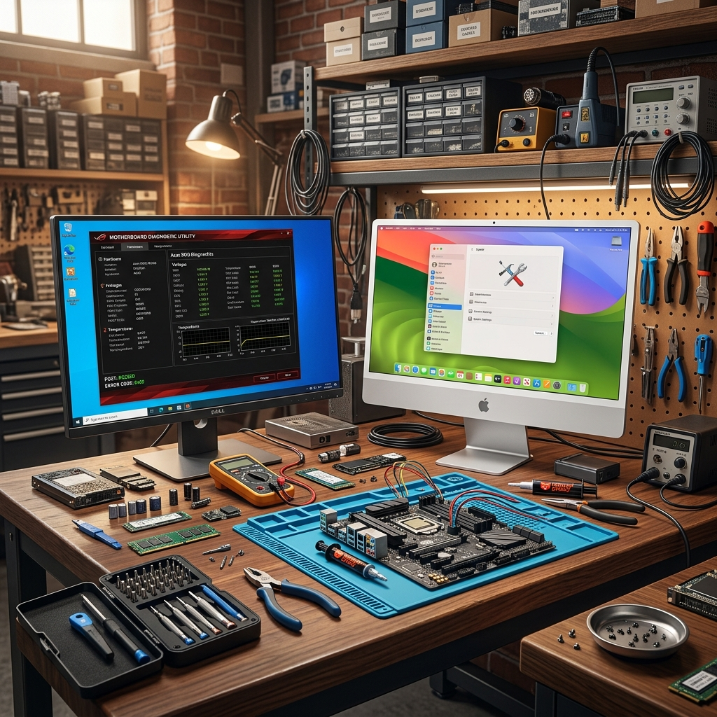 Modern computer repair workbench with Windows diagnostics monitor and Apple iMac side-by-side