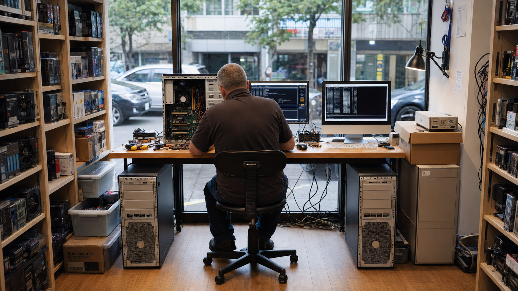 Steve at the computer repair work table